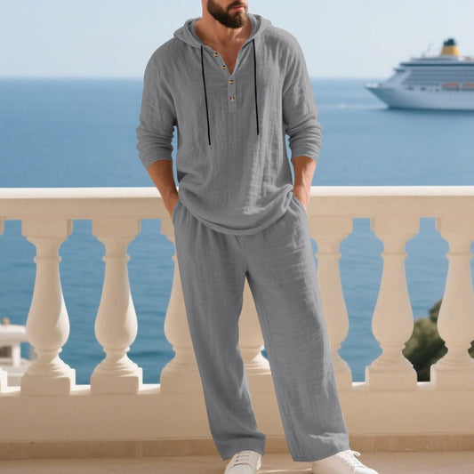 Men's Loose-Fit Linen Hooded Henley Set