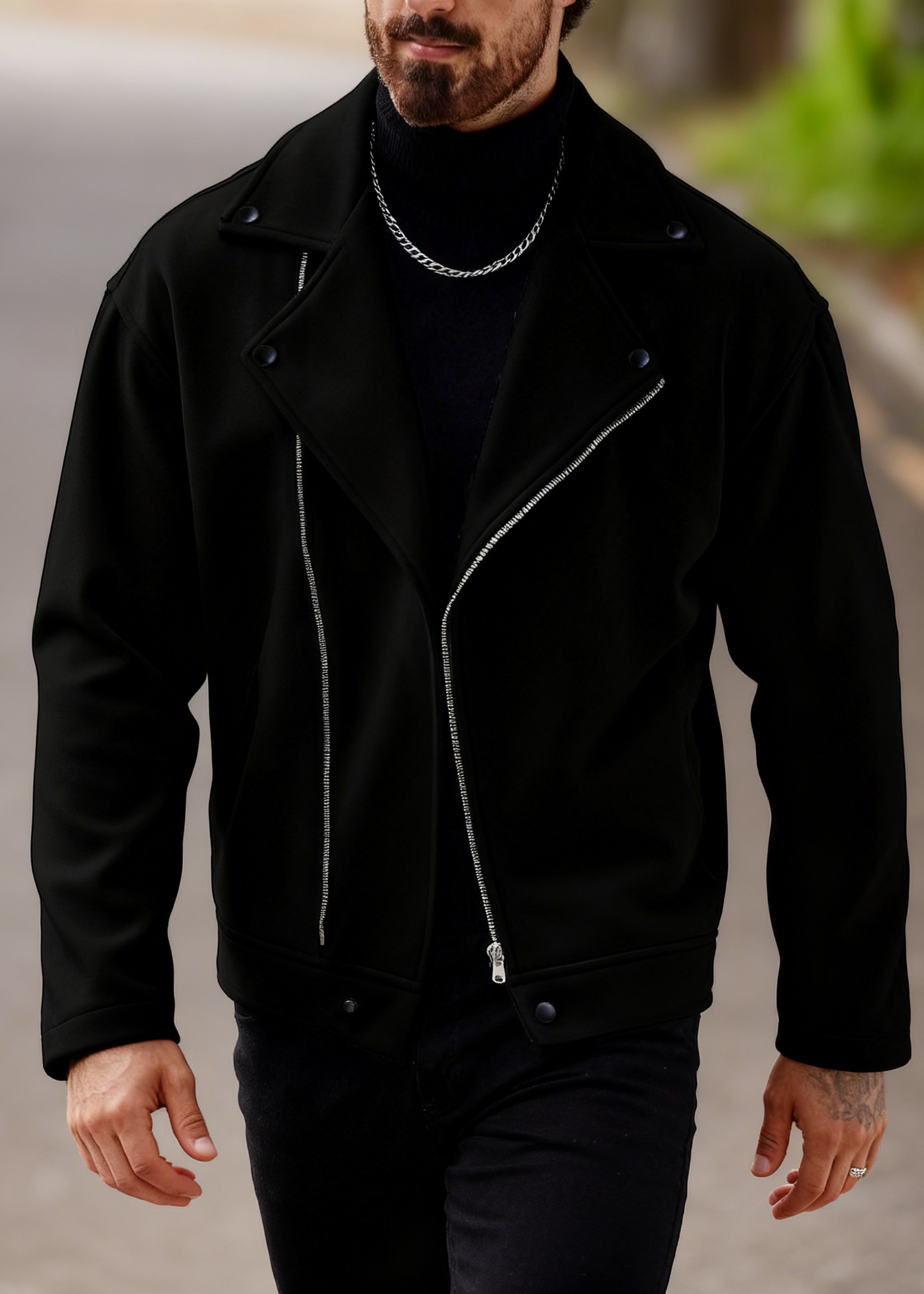 Men’s Asymmetric Zip Moto Jacket – Wide Lapel Coat, Casual Street Outerwear with Side