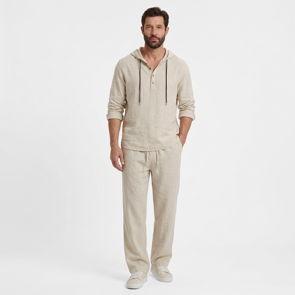 Men's Loose-Fit Linen Hooded Henley Set