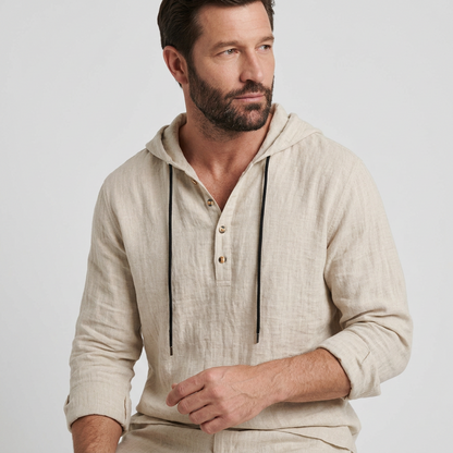 Men's Loose-Fit Linen Hooded Henley Set