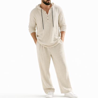 Men's Loose-Fit Linen Hooded Henley Set