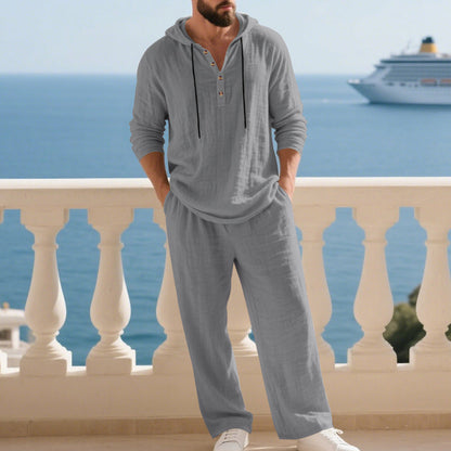 Men's Loose-Fit Linen Hooded Henley Set