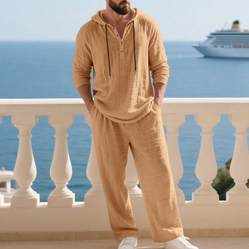 Men's Loose-Fit Linen Hooded Henley Set