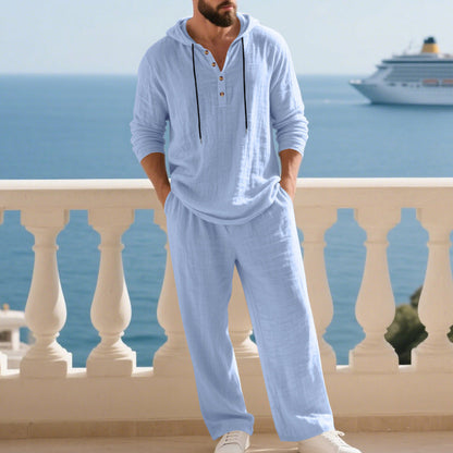 Men's Loose-Fit Linen Hooded Henley Set
