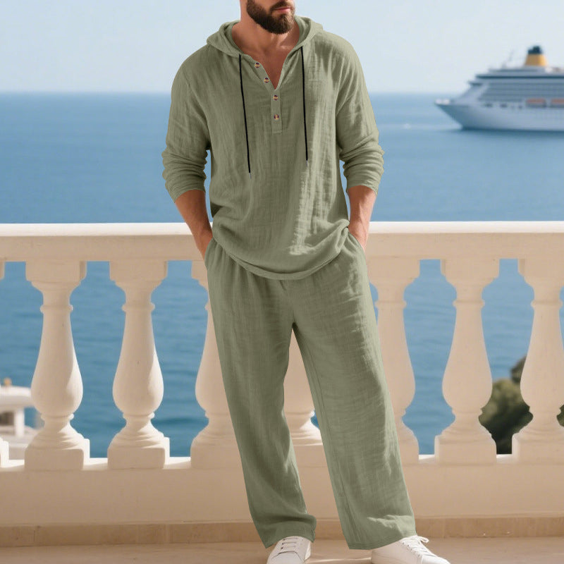 Men's Loose-Fit Linen Hooded Henley Set