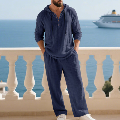 Men's Loose-Fit Linen Hooded Henley Set