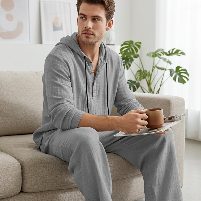 Men's Loose-Fit Linen Hooded Henley Set
