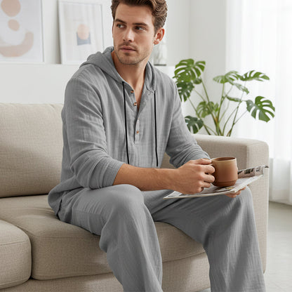 Men's Loose-Fit Linen Hooded Henley Set