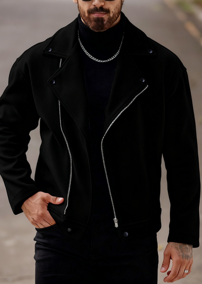 Men’s Asymmetric Zip Moto Jacket – Wide Lapel Coat, Casual Street Outerwear with Side