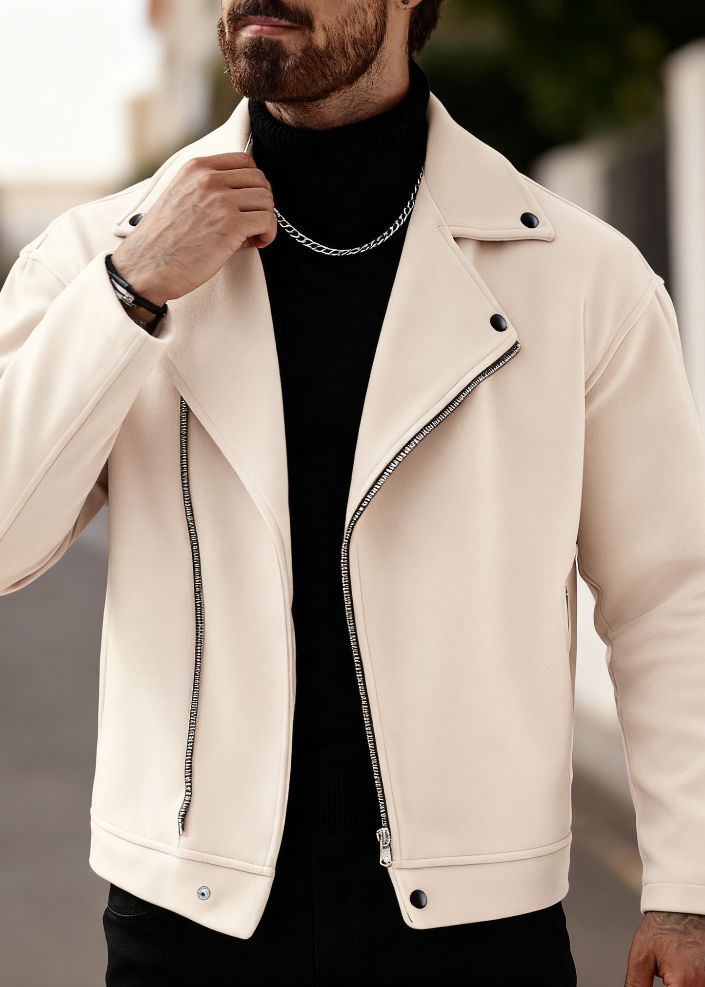 Men’s Asymmetric Zip Moto Jacket – Wide Lapel Coat, Casual Street Outerwear with Side