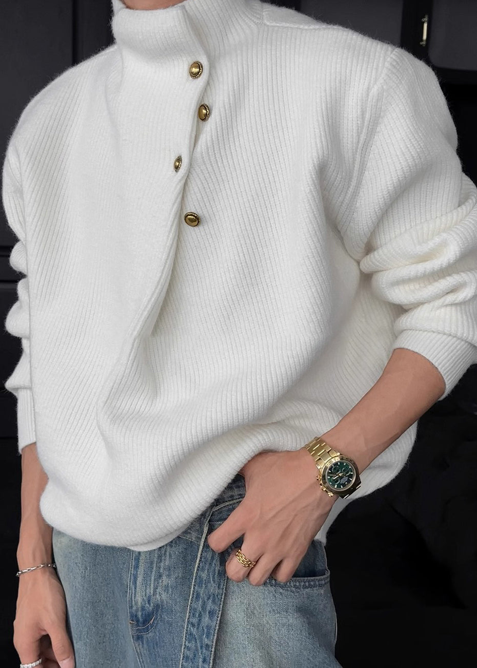Vintage High-Neck Heavyweight Button Sweater for Men