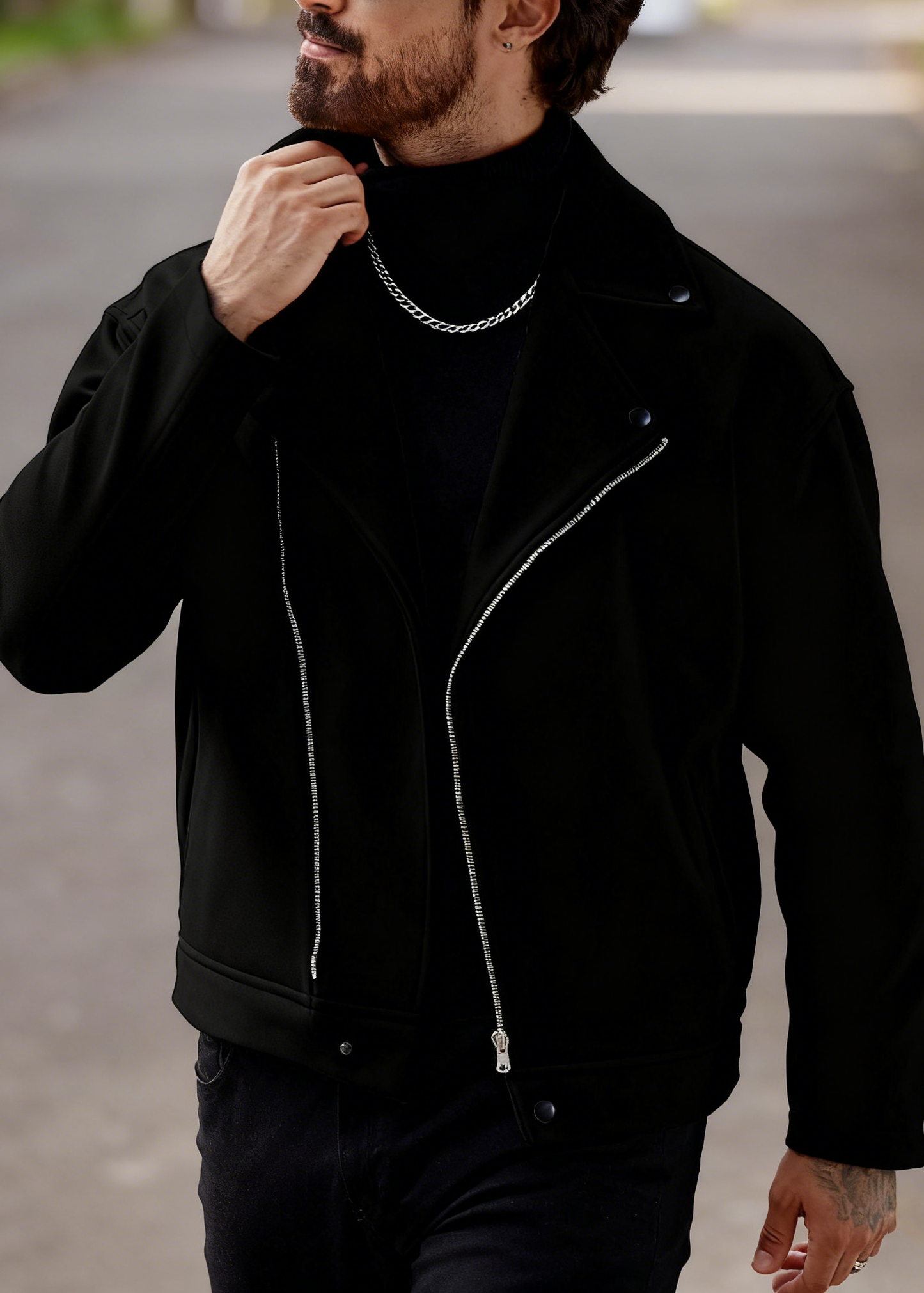 Men’s Asymmetric Zip Moto Jacket – Wide Lapel Coat, Casual Street Outerwear with Side