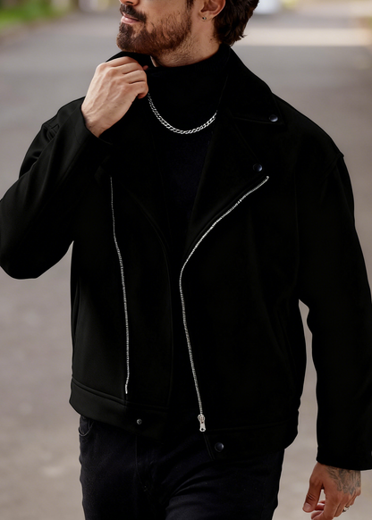 Men’s Asymmetric Zip Moto Jacket – Wide Lapel Coat, Casual Street Outerwear with Side