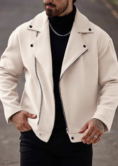 Men’s Asymmetric Zip Moto Jacket – Wide Lapel Coat, Casual Street Outerwear with Side
