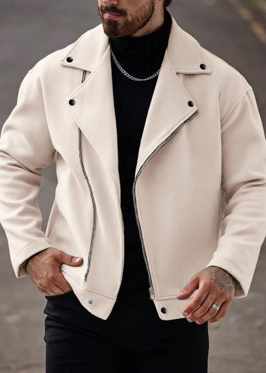 Men’s Asymmetric Zip Moto Jacket – Wide Lapel Coat, Casual Street Outerwear with Side