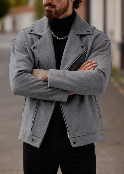 Men’s Asymmetric Zip Moto Jacket – Wide Lapel Coat, Casual Street Outerwear with Side