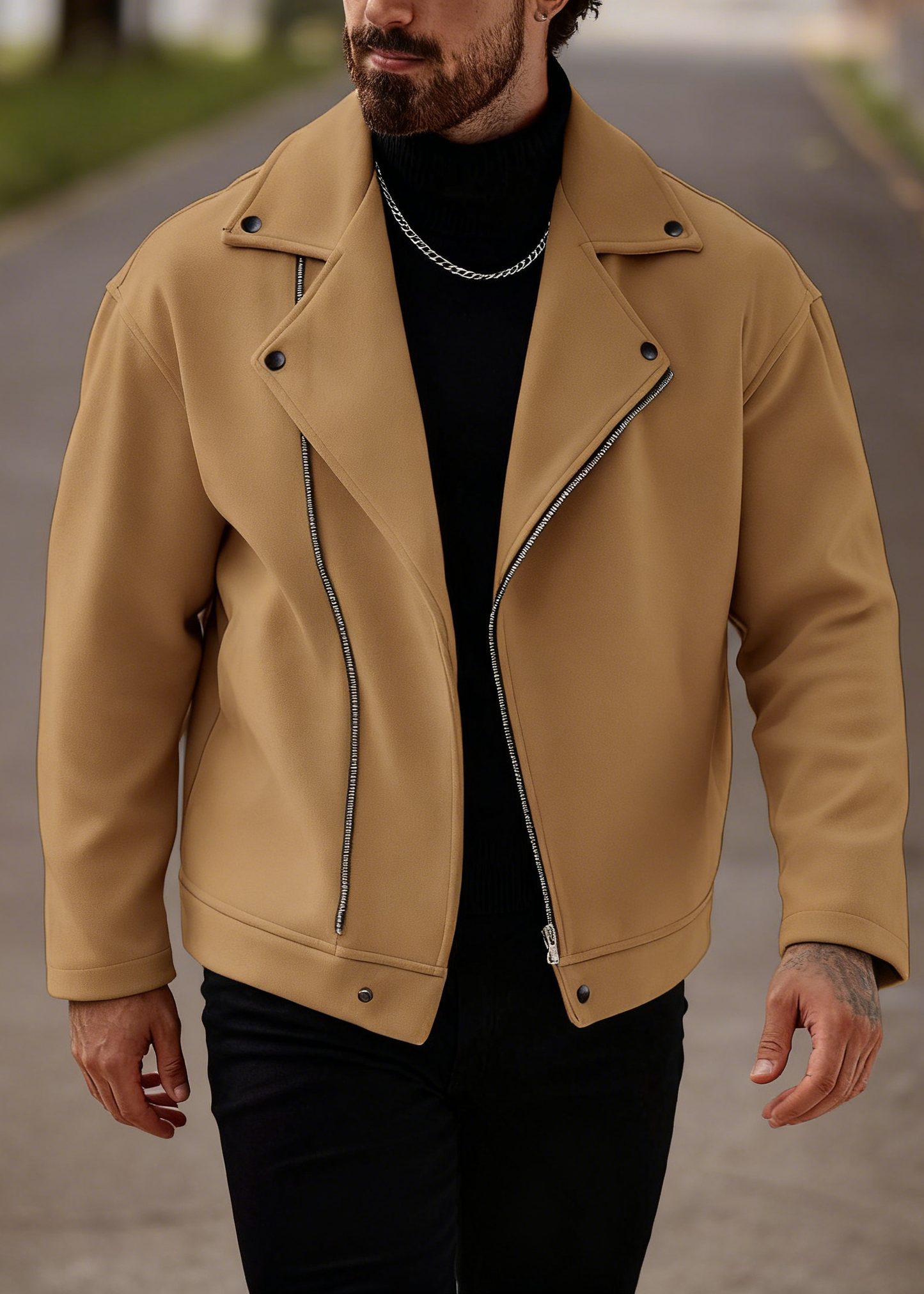 Men’s Asymmetric Zip Moto Jacket – Wide Lapel Coat, Casual Street Outerwear with Side