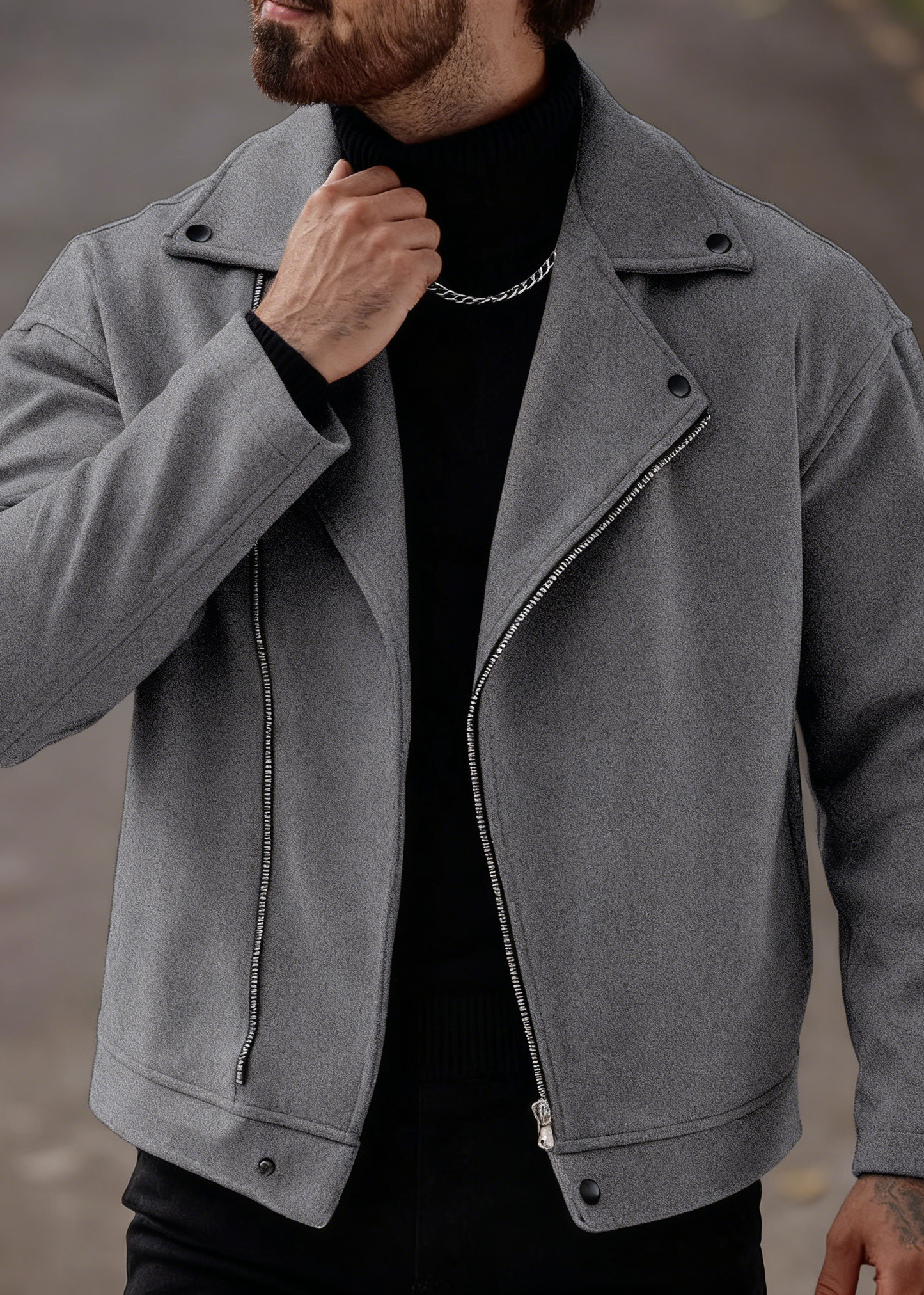 Men’s Asymmetric Zip Moto Jacket – Wide Lapel Coat, Casual Street Outerwear with Side