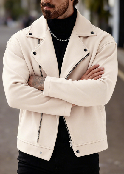 Men’s Asymmetric Zip Moto Jacket – Wide Lapel Coat, Casual Street Outerwear with Side