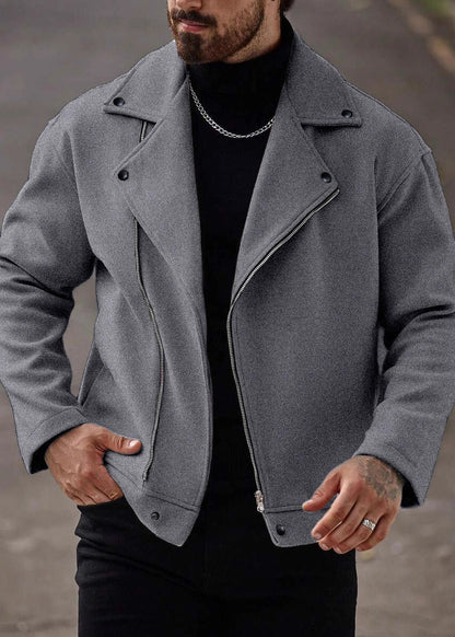 Men’s Asymmetric Zip Moto Jacket – Wide Lapel Coat, Casual Street Outerwear with Side