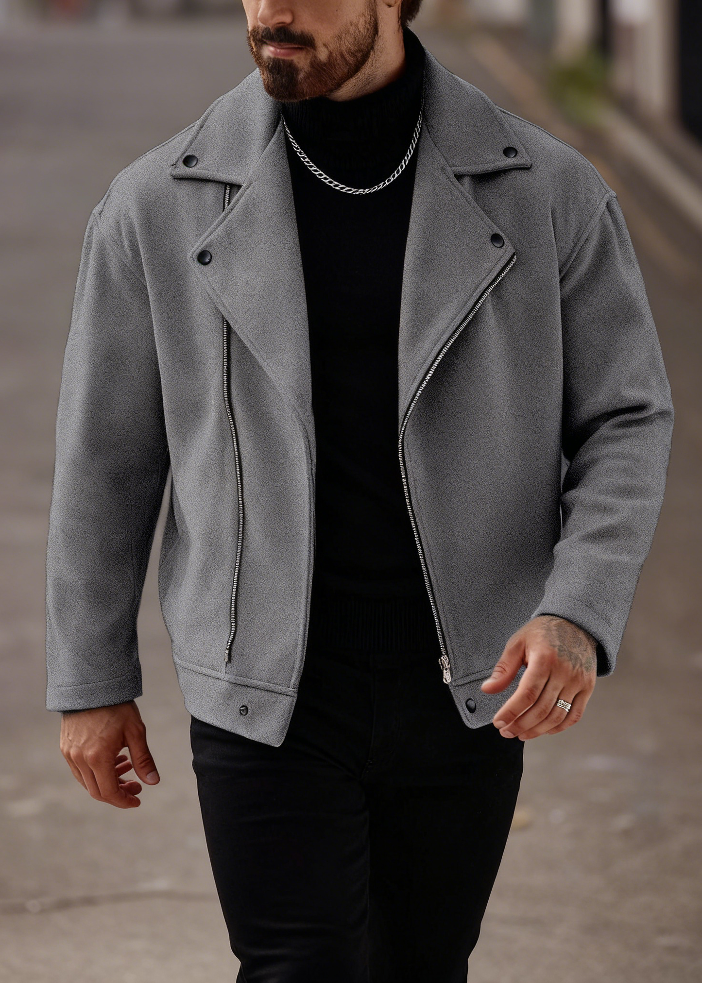 Men’s Asymmetric Zip Moto Jacket – Wide Lapel Coat, Casual Street Outerwear with Side