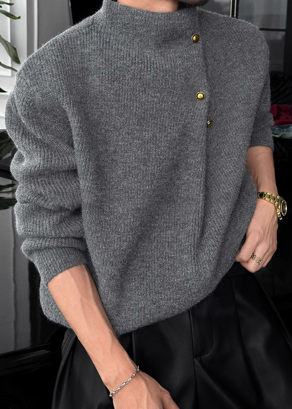 Vintage High-Neck Heavyweight Button Sweater for Men